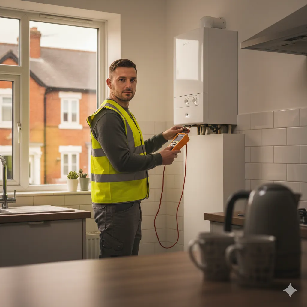 Gas engineer in hi-vis with gas analyser next to boiler in terraced house