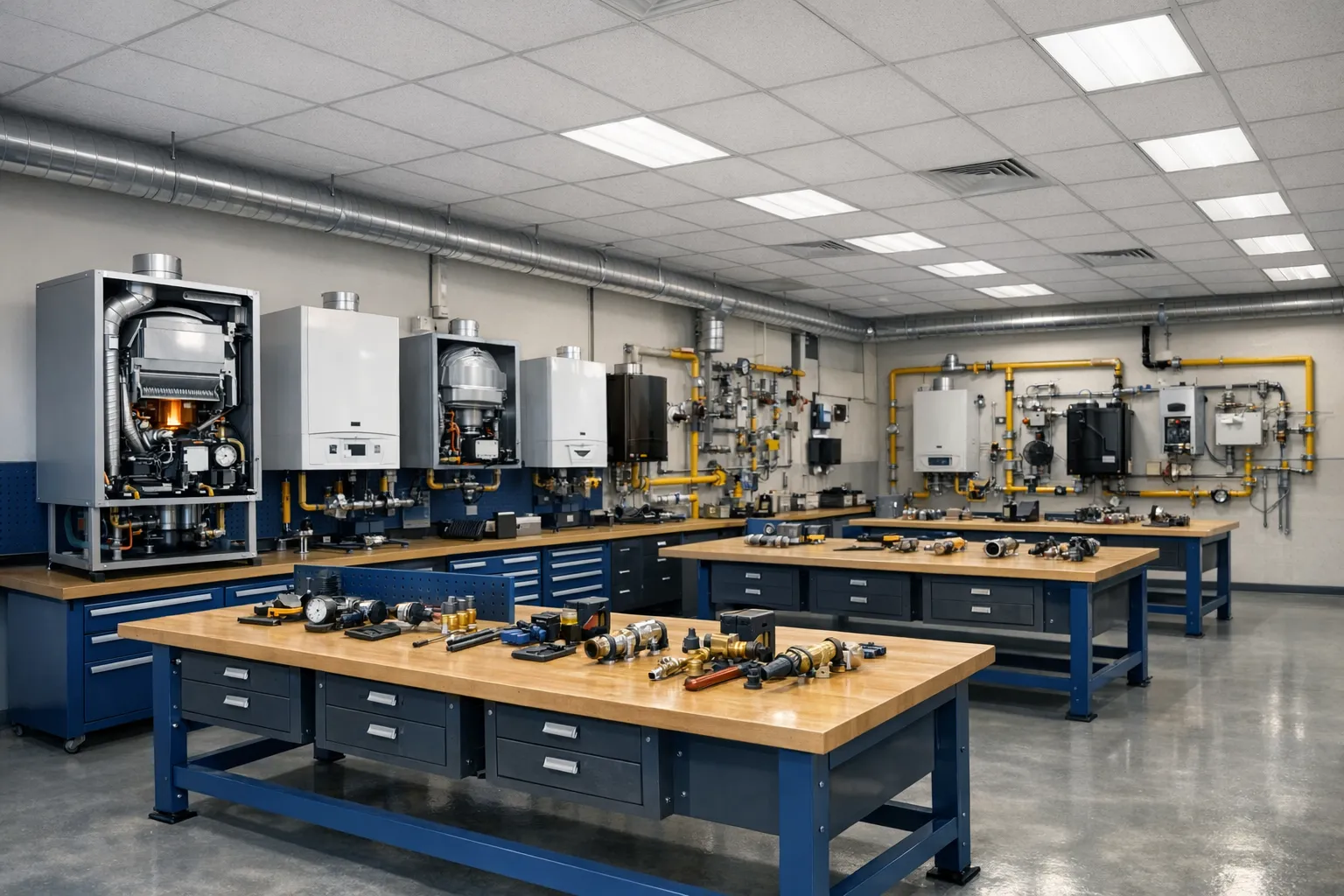 Modern gas training workshop with boiler cutaways and workbenches
