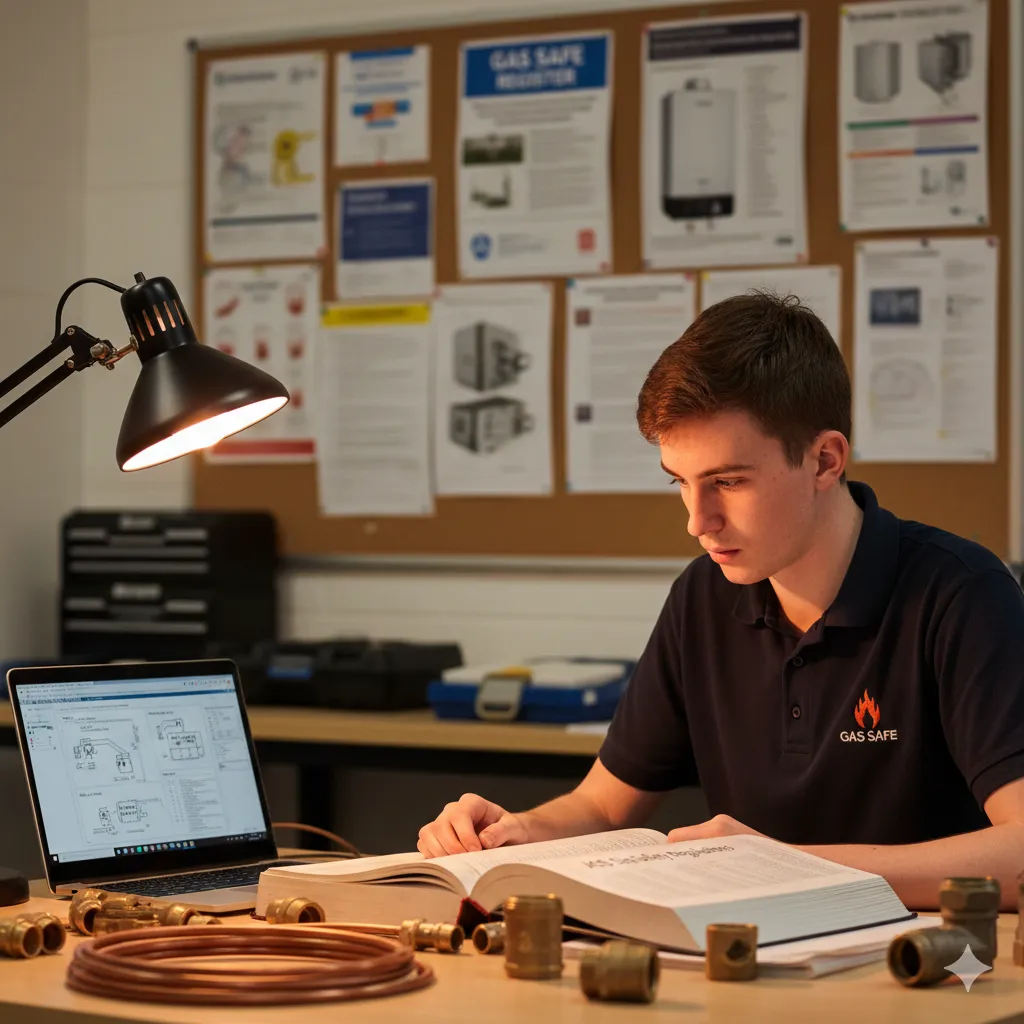 Gas engineering student studying ACS theory materials with amber desk lighting